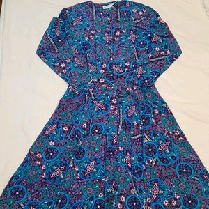 VTG dresz Liz Claiborne blue purple button down full swing skirt round neck